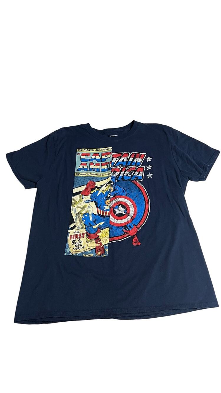 Marvel Captain America Navy Retro Comic Book Split Graphic Cotton T-Shirt Sz L